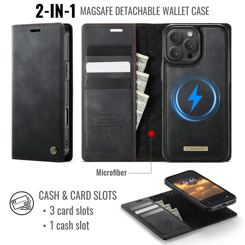CASEME For iPhone 16 Pro Case C49 Compatible with MagSafe RFID Blocking Detachable Wallet Leather Phone Cover - Black - 2