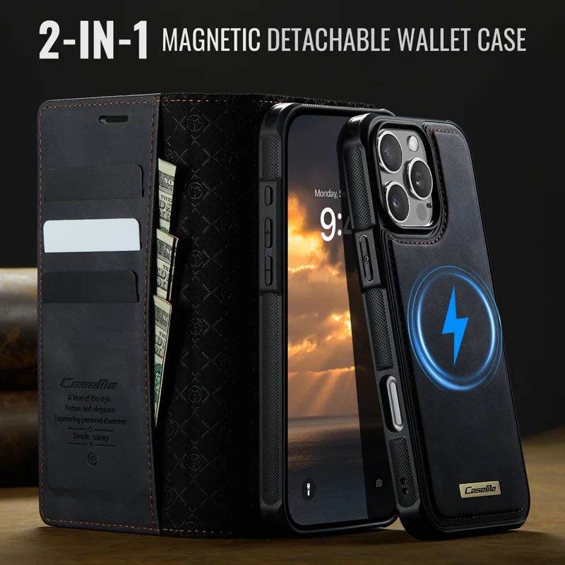 CASEME For iPhone 16 Pro Case C49 Compatible with MagSafe RFID Blocking Detachable Wallet Leather Phone Cover - Black - 4