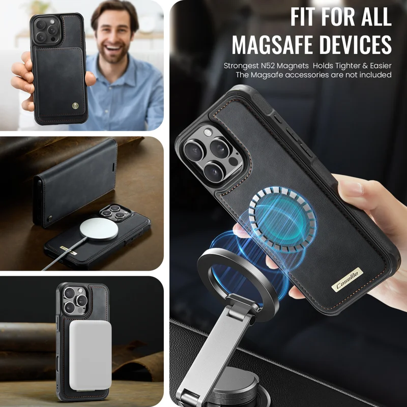 CASEME For iPhone 16 Pro Case C49 Compatible with MagSafe RFID Blocking Detachable Wallet Leather Phone Cover - Black - 5