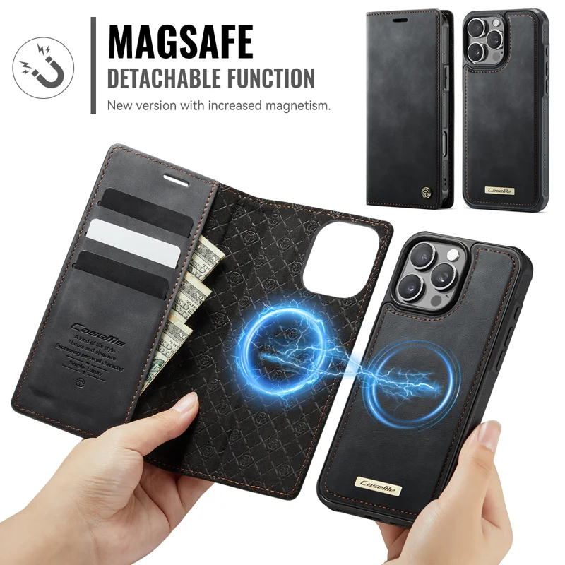 CASEME For iPhone 16 Pro Case C49 Compatible with MagSafe RFID Blocking Detachable Wallet Leather Phone Cover - Black - 6