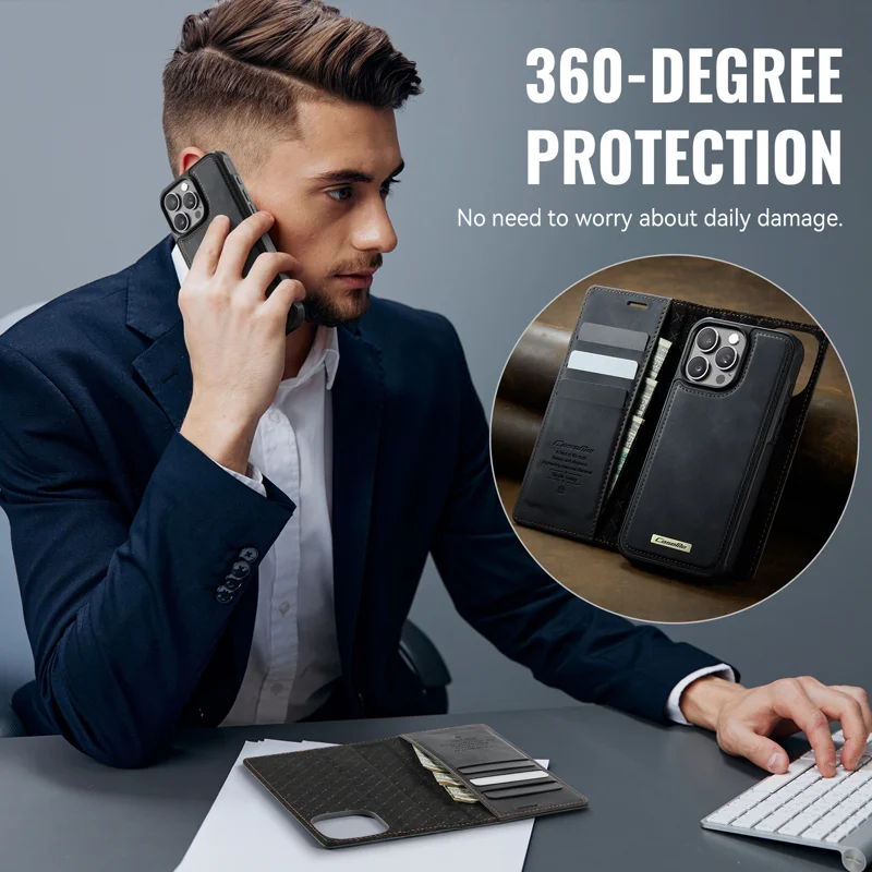 CASEME For iPhone 16 Pro Case C49 Compatible with MagSafe RFID Blocking Detachable Wallet Leather Phone Cover - Black - 8