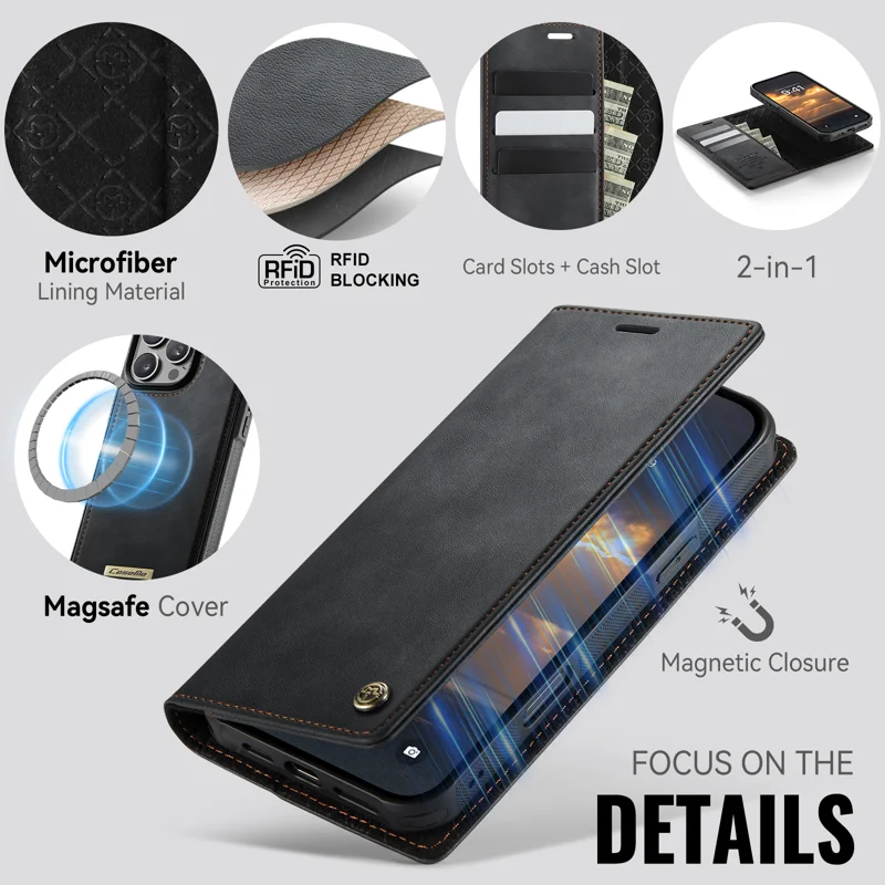 CASEME For iPhone 16 Pro Case C49 Compatible with MagSafe RFID Blocking Detachable Wallet Leather Phone Cover - Black - 9