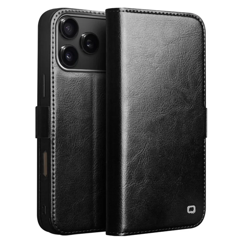 QIALINO For iPhone 17 Pro Max Case with Card Holder Genuine Cow Leather Stand Phone Cover - Black - 1