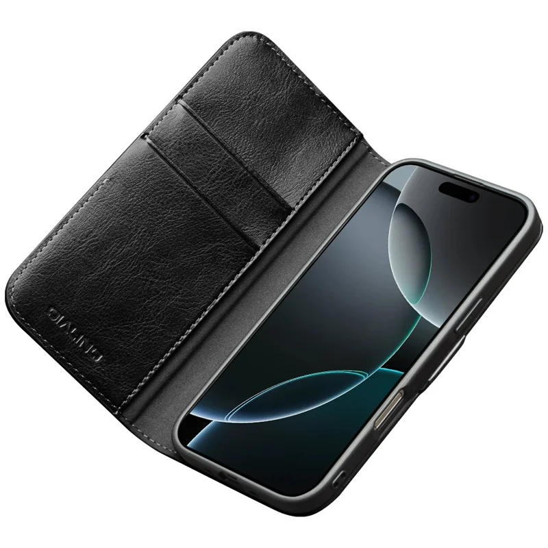 QIALINO For iPhone 17 Case with Card Holder Genuine Cow Leather Stand Phone Cover - Black - 2