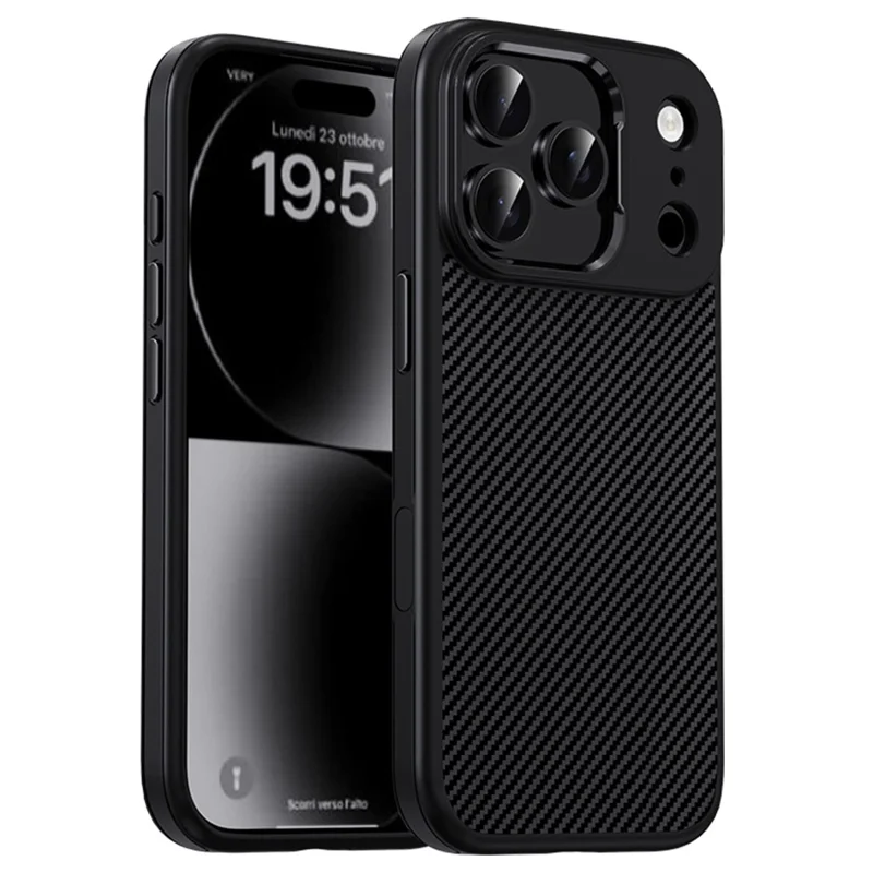 IPAKY For iPhone 17 Pro Max TPU Case Carbon Fiber Texture Phone Cover Metal Lens Frame - Black - 1