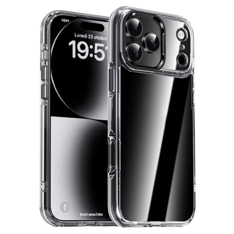 IPAKY For iPhone 17 Pro Max Clear Case Metal Lens Frame Shockproof TPU Phone Cover - Black - 1