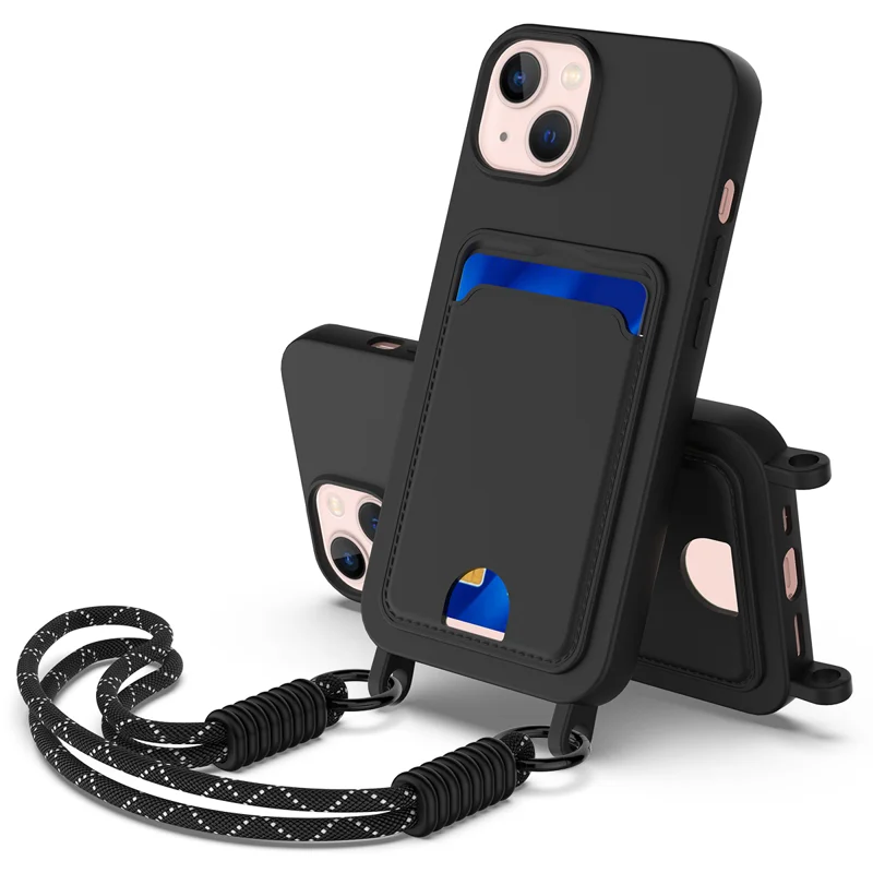 For iPhone 14 Plus / iPhone 15 Plus Liquid Silicone Case Phone Back Cover with Card Holder and Short Strap - Black - 1