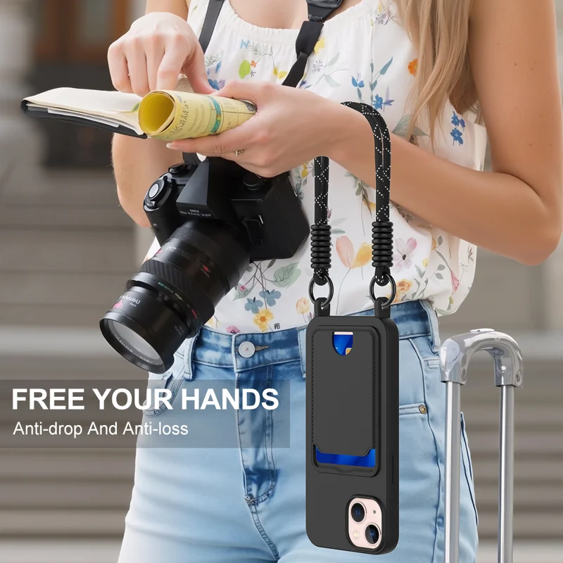 For iPhone 14 Plus / iPhone 15 Plus Liquid Silicone Case Phone Back Cover with Card Holder and Short Strap - Black - 2