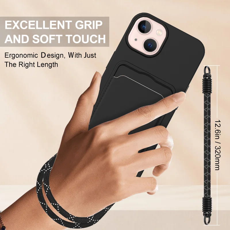 For iPhone 14 Plus / iPhone 15 Plus Liquid Silicone Case Phone Back Cover with Card Holder and Short Strap - Black - 3