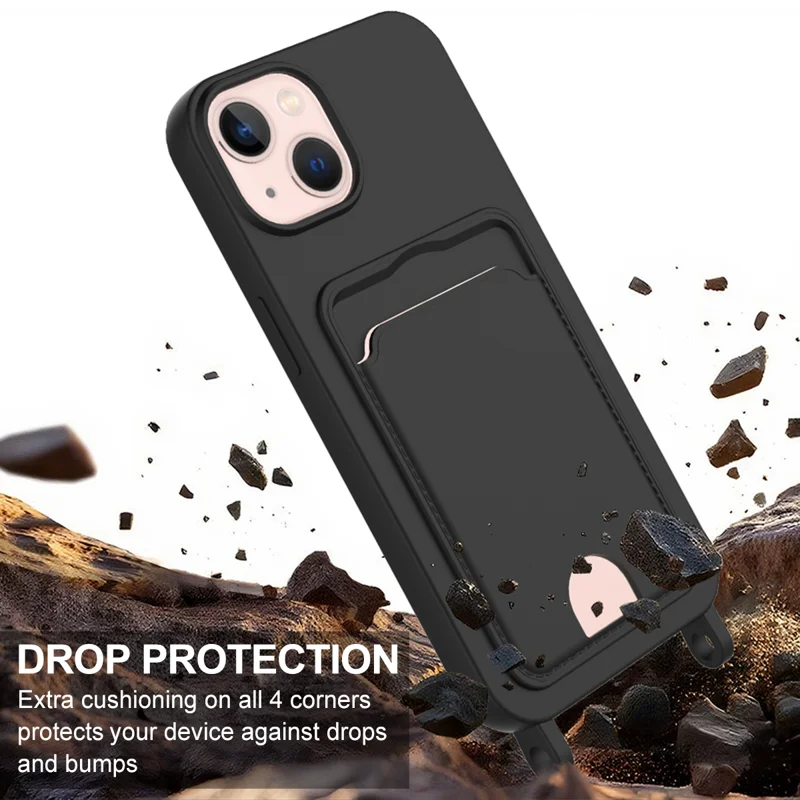 For iPhone 14 Plus / iPhone 15 Plus Liquid Silicone Case Phone Back Cover with Card Holder and Short Strap - Black - 5