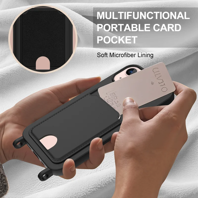 For iPhone 14 Plus / iPhone 15 Plus Liquid Silicone Case Phone Back Cover with Card Holder and Short Strap - Black - 6