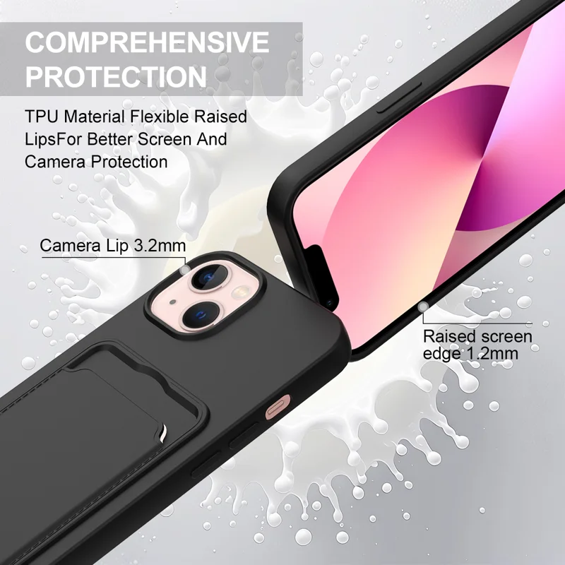 For iPhone 14 Plus / iPhone 15 Plus Liquid Silicone Case Phone Back Cover with Card Holder and Short Strap - Black - 7