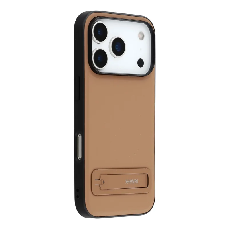 X-LEVEL For iPhone 17 Pro Max Case Leather Coated PC TPU Phone Back Cover with Metal Kickstand - Brown - 1