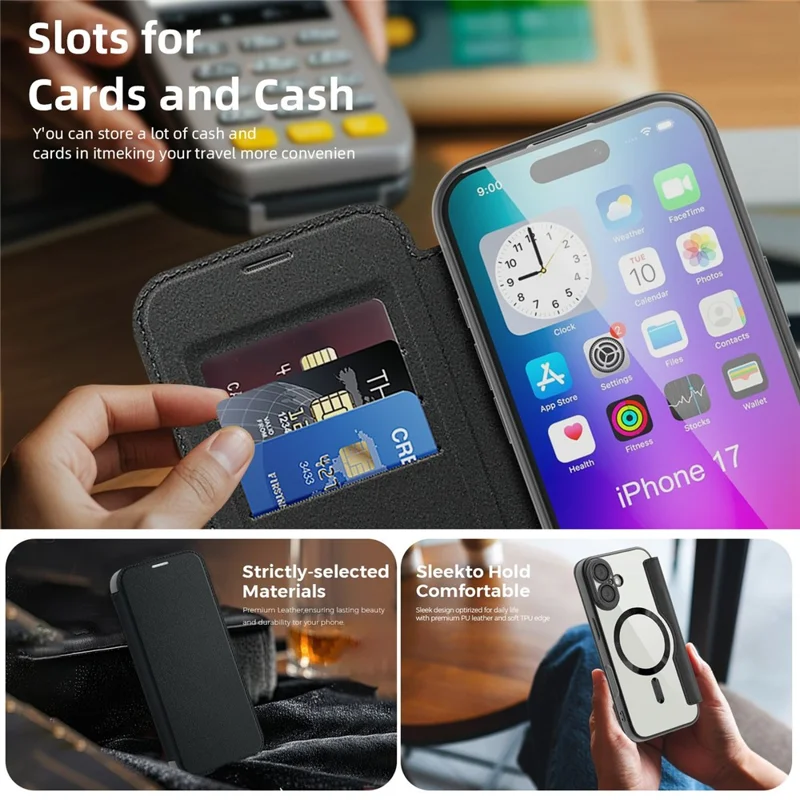 For iPhone 17 Case Compatible with MagSafe RFID Blocking Leather Phone Cover - Black - 3