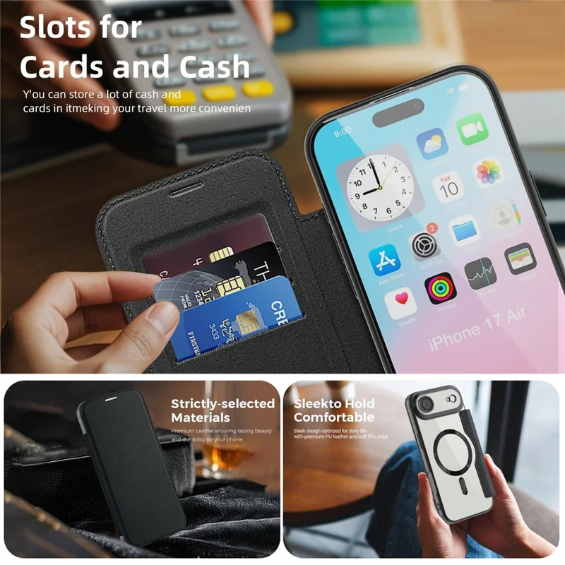 For iPhone Air Case Compatible with MagSafe RFID Blocking Leather Phone Cover - Black - 3