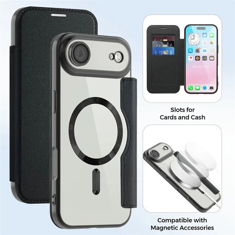 For iPhone Air Case Compatible with MagSafe RFID Blocking Leather Phone Cover - Black - 8