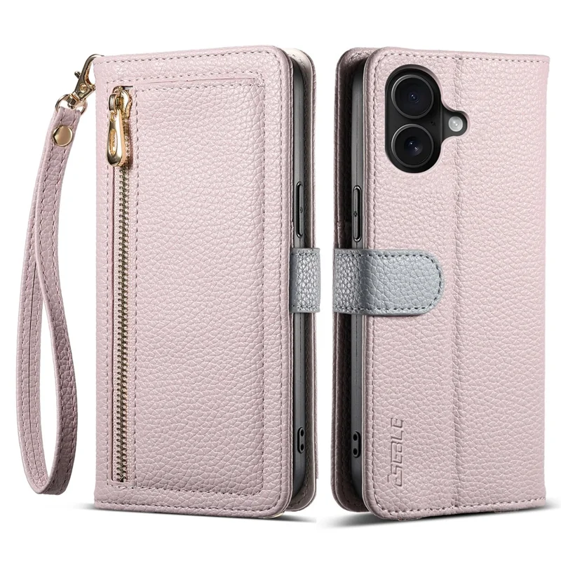 ESEBLE E11 For iPhone 17 Case Zipper Pocket Litchi Texture Leather Phone Cover with Mirror and Wrist Strap - Light Purple - 1