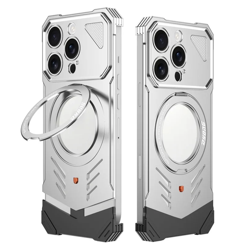 DYONG For iPhone 16 Pro Metal Case Frameless Hollow Heat Dissipation Phone Cover with Kickstand - Silver - 1