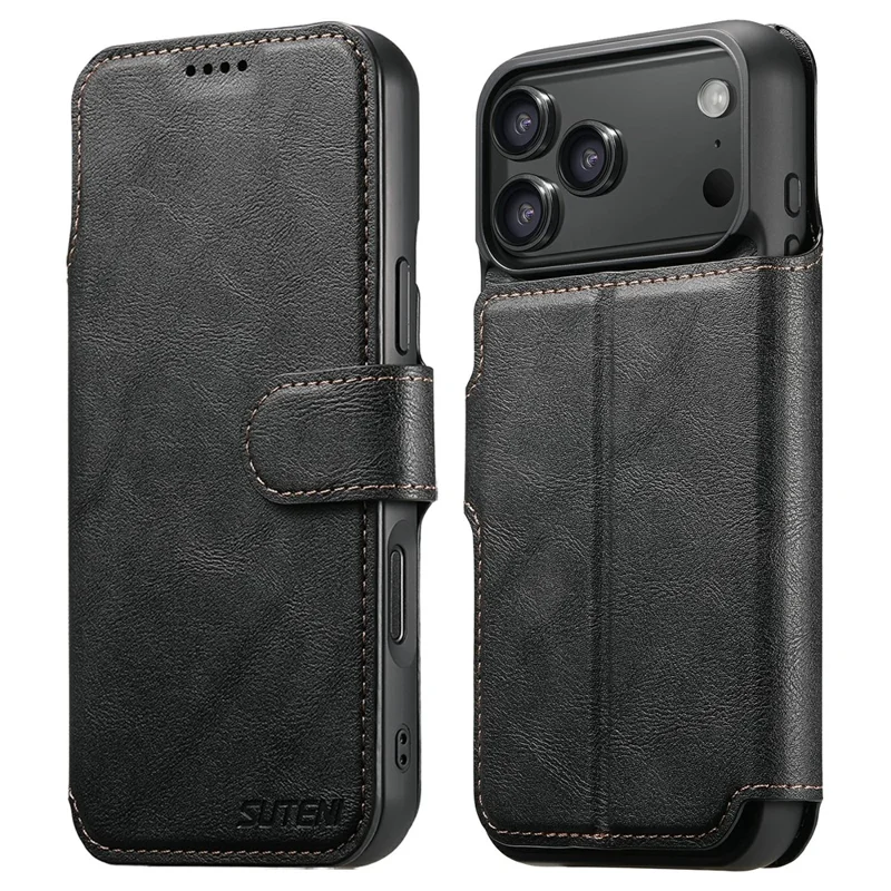 SUTENI Q-05 For iPhone 17 Pro Wallet Case 2 in 1 Detachable Leather Flip Phone Cover with Stand - Black - 1