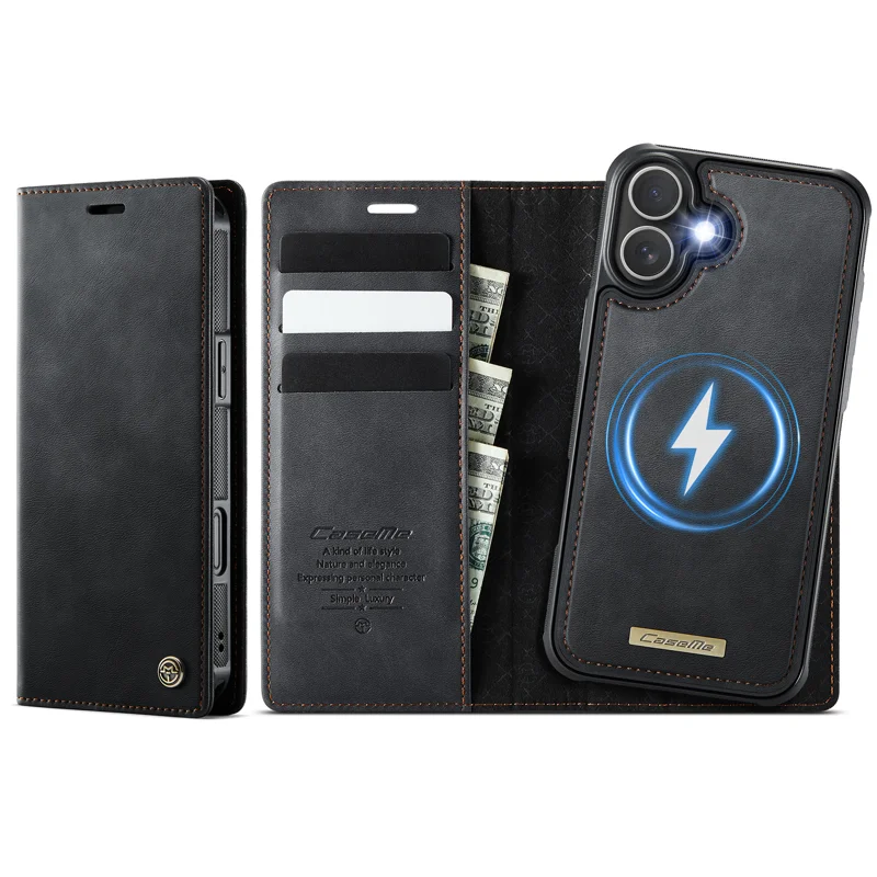 CASEME For iPhone 17 Case C49 Compatible with MagSafe RFID Blocking Detachable Wallet Leather Phone Cover - Black - 1