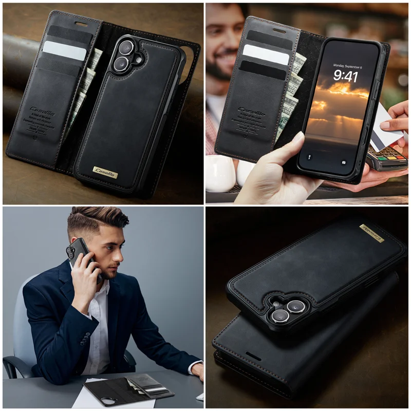 CASEME For iPhone 17 Case C49 Compatible with MagSafe RFID Blocking Detachable Wallet Leather Phone Cover - Black - 12