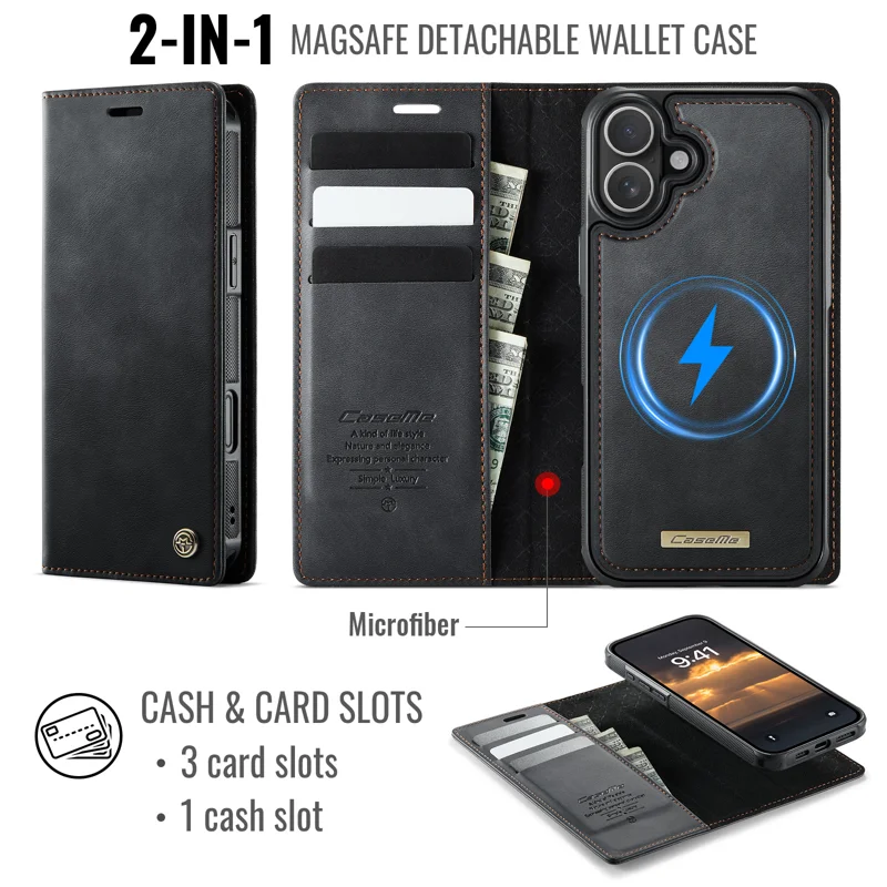 CASEME For iPhone 17 Case C49 Compatible with MagSafe RFID Blocking Detachable Wallet Leather Phone Cover - Black - 2
