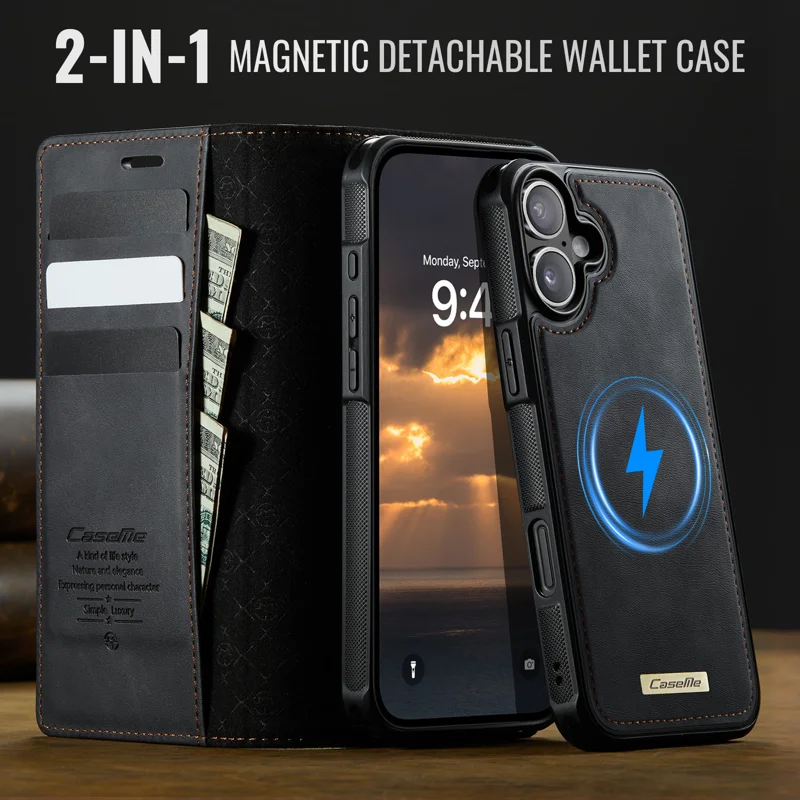 CASEME For iPhone 17 Case C49 Compatible with MagSafe RFID Blocking Detachable Wallet Leather Phone Cover - Black - 7