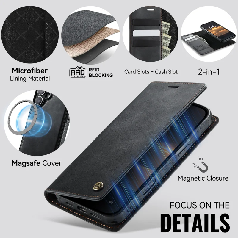 CASEME For iPhone 17 Case C49 Compatible with MagSafe RFID Blocking Detachable Wallet Leather Phone Cover - Black - 9