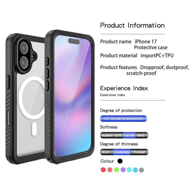 REDPEPPER FS / FM Series For iPhone 17 Clear Case Compatible with MagSafe PC TPU PET IP68 Waterproof Phone Cover - 10
