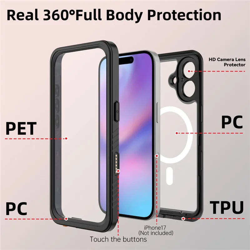 REDPEPPER FS / FM Series For iPhone 17 Clear Case Compatible with MagSafe PC TPU PET IP68 Waterproof Phone Cover - 9