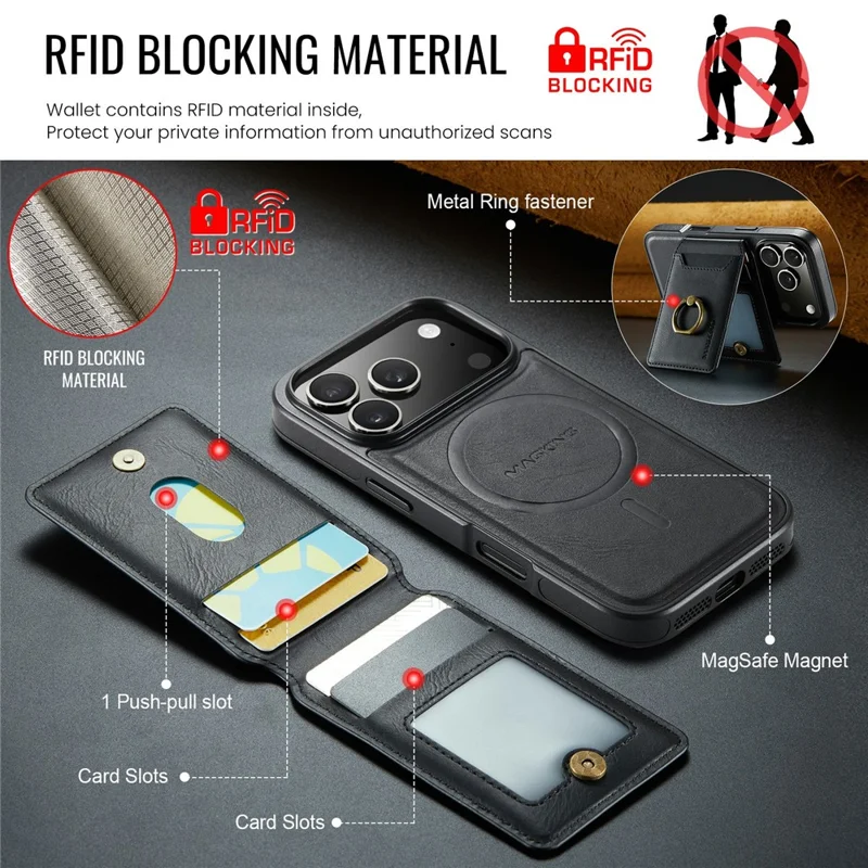MAGKING K1 Series For iPhone 18 Pro / 17 Pro Magnetic Case PC + TPU + PU Phone Cover with Card Holder - Black - 11