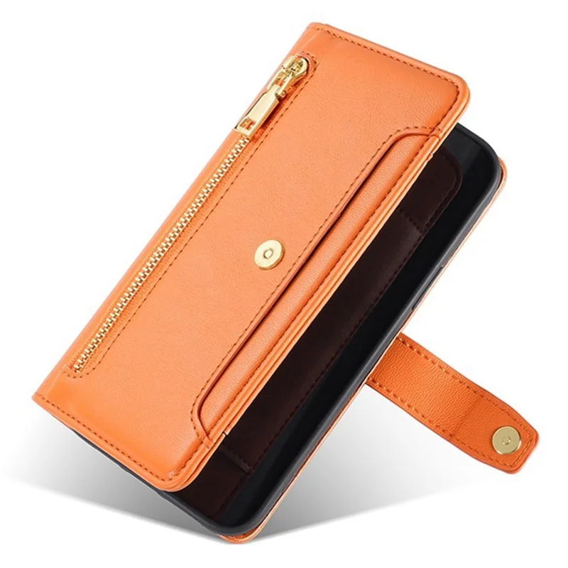 For iPhone 17 Pro Leather Case Zipper Pocket Wallet Phone Cover with 2 Straps - Orange - 5