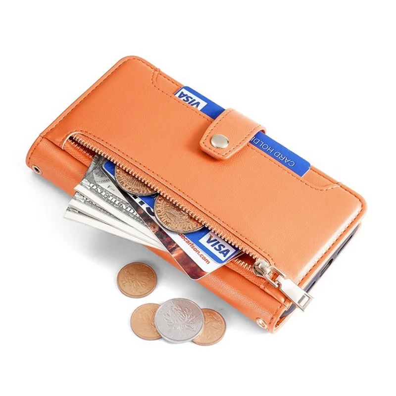 For iPhone 17 Pro Leather Case Zipper Pocket Wallet Phone Cover with 2 Straps - Orange - 6