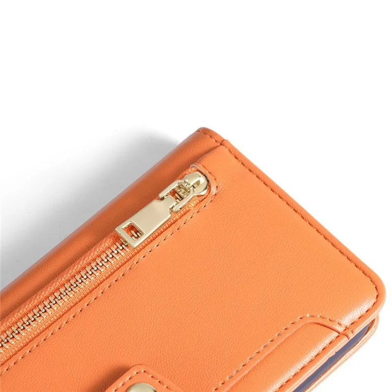 For iPhone 17 Pro Leather Case Zipper Pocket Wallet Phone Cover with 2 Straps - Orange - 7