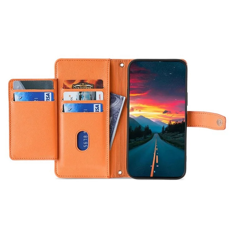 For iPhone 17 Pro Max Leather Case Zipper Pocket Wallet Phone Cover with 2 Straps - Orange - 2