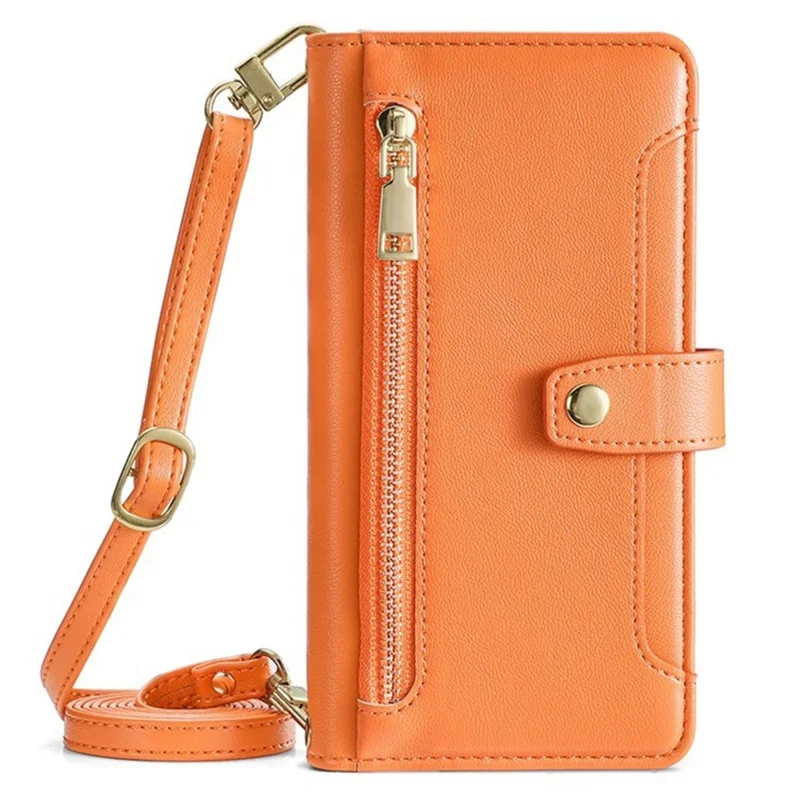 For iPhone 17 Pro Max Leather Case Zipper Pocket Wallet Phone Cover with 2 Straps - Orange - 8
