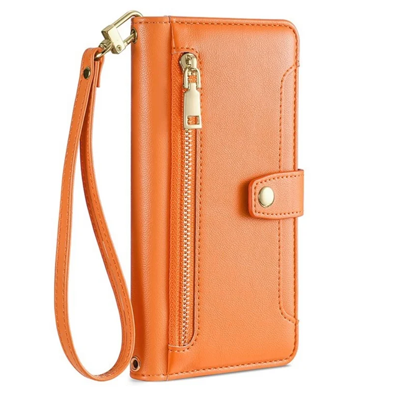 For iPhone 17 Pro Max Leather Case Zipper Pocket Wallet Phone Cover with 2 Straps - Orange - 9