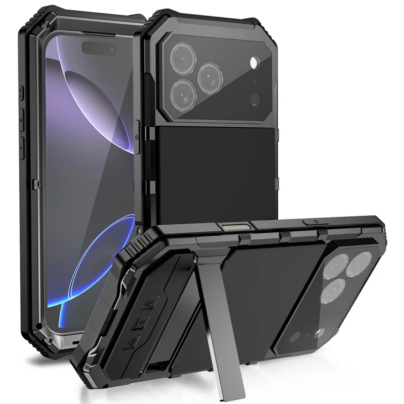 R-JUST For iPhone 17 Pro Case PC + Silicone + Metal Kickstand Phone Cover with Tempered Glass Film - Black - 1