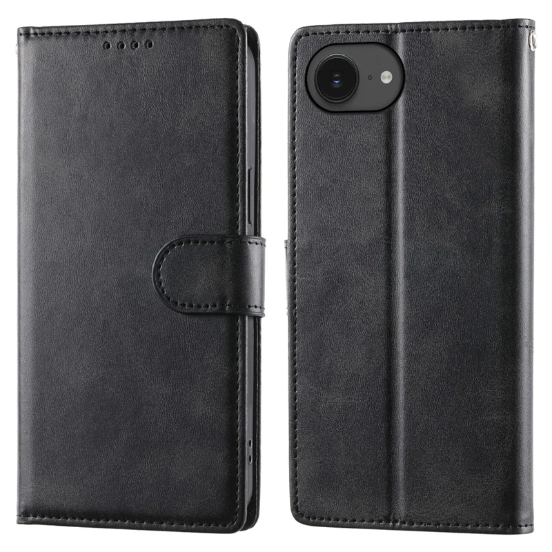 For iPhone 17e / 16e Case Stand Wallet Calf Texture PU Leather Flip Phone Cover with Wrist Strap - Black - 1