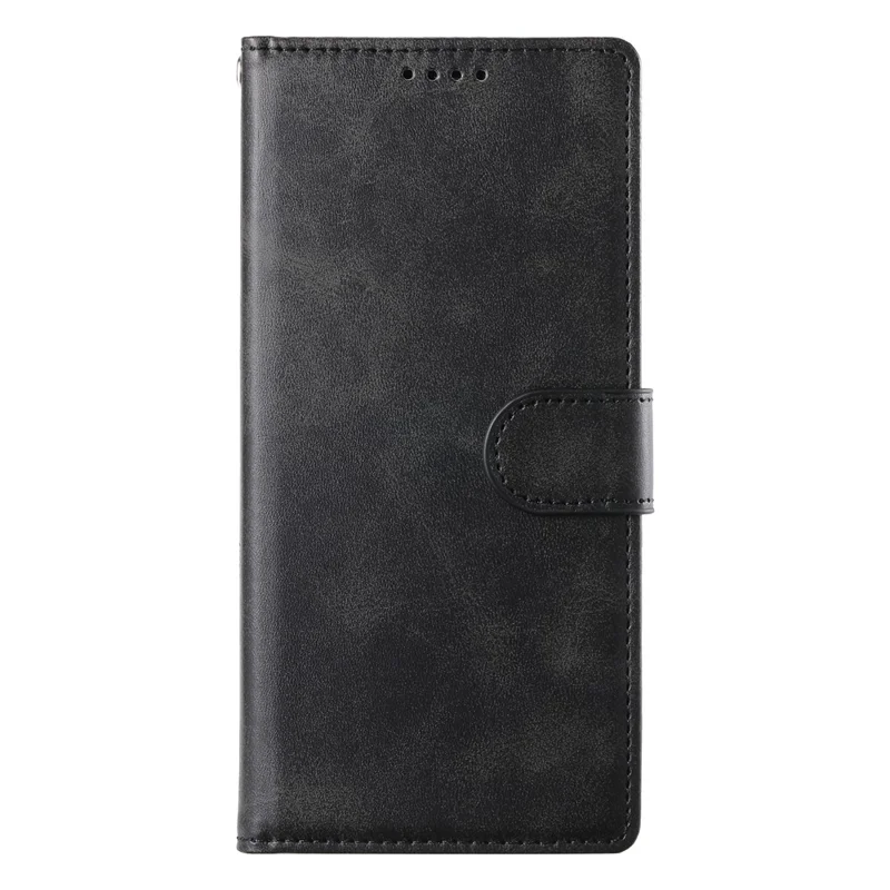 For iPhone 17e / 16e Case Stand Wallet Calf Texture PU Leather Flip Phone Cover with Wrist Strap - Black - 11