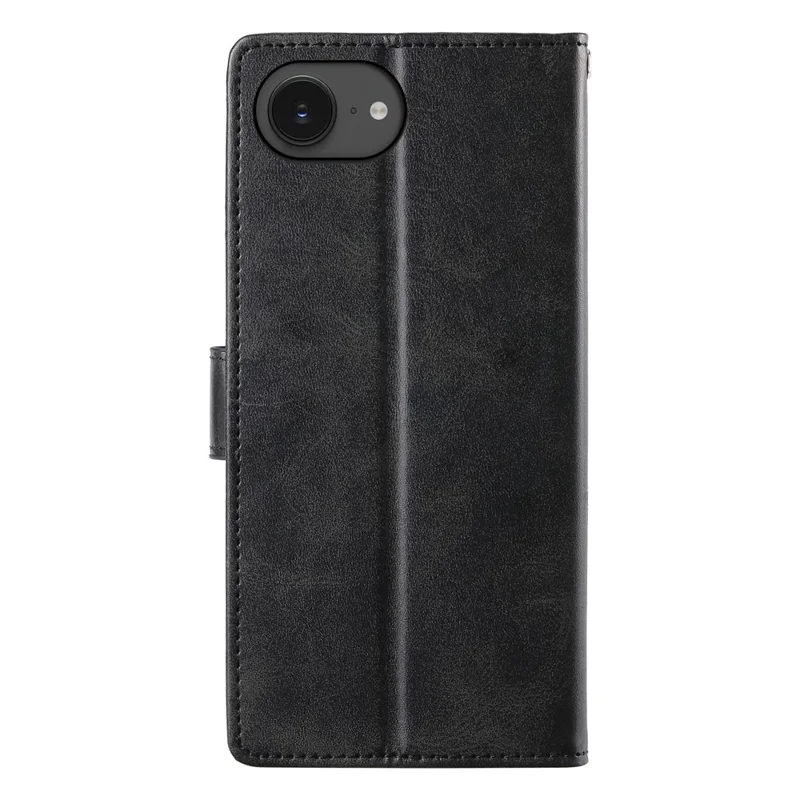 For iPhone 17e / 16e Case Stand Wallet Calf Texture PU Leather Flip Phone Cover with Wrist Strap - Black - 12