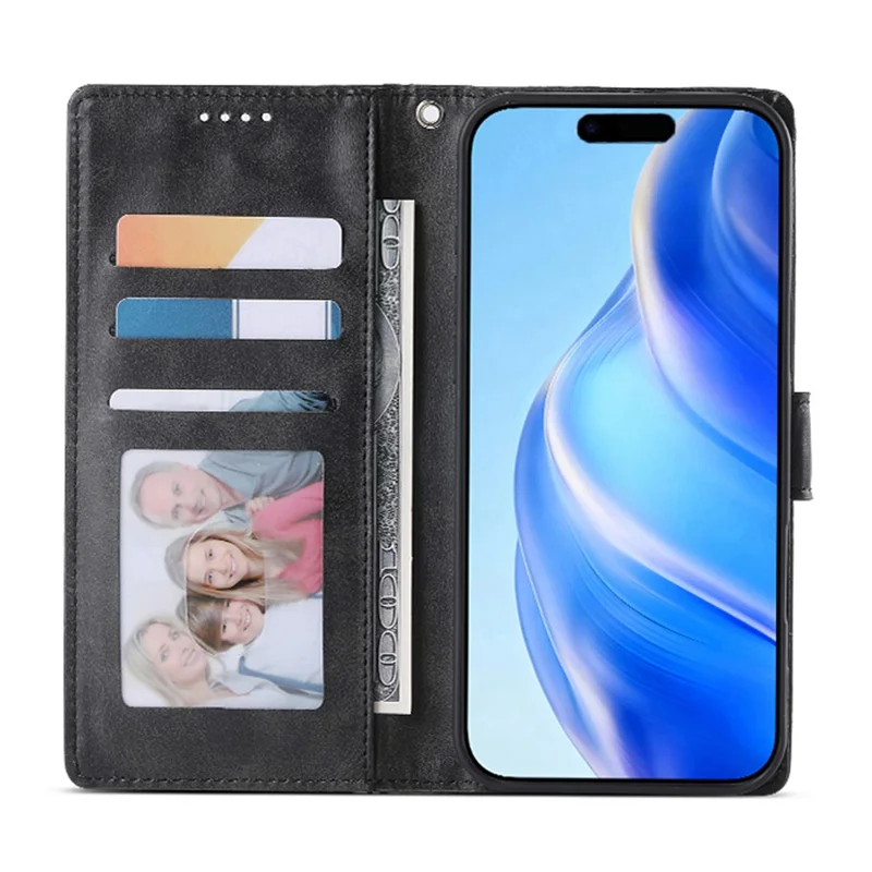 For iPhone 17e / 16e Case Stand Wallet Calf Texture PU Leather Flip Phone Cover with Wrist Strap - Black - 2