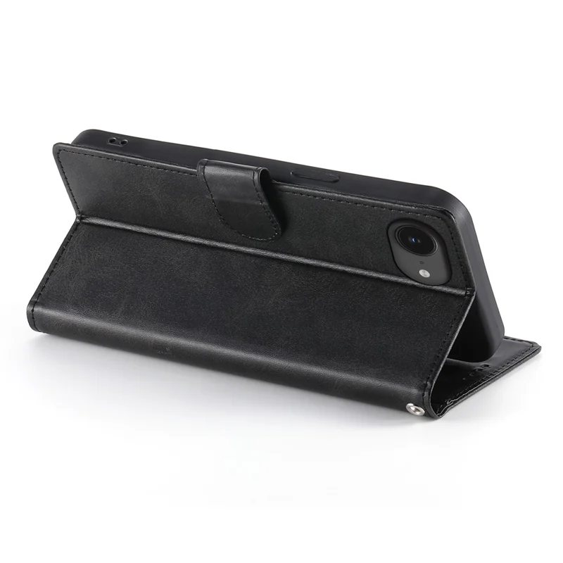 For iPhone 17e / 16e Case Stand Wallet Calf Texture PU Leather Flip Phone Cover with Wrist Strap - Black - 3