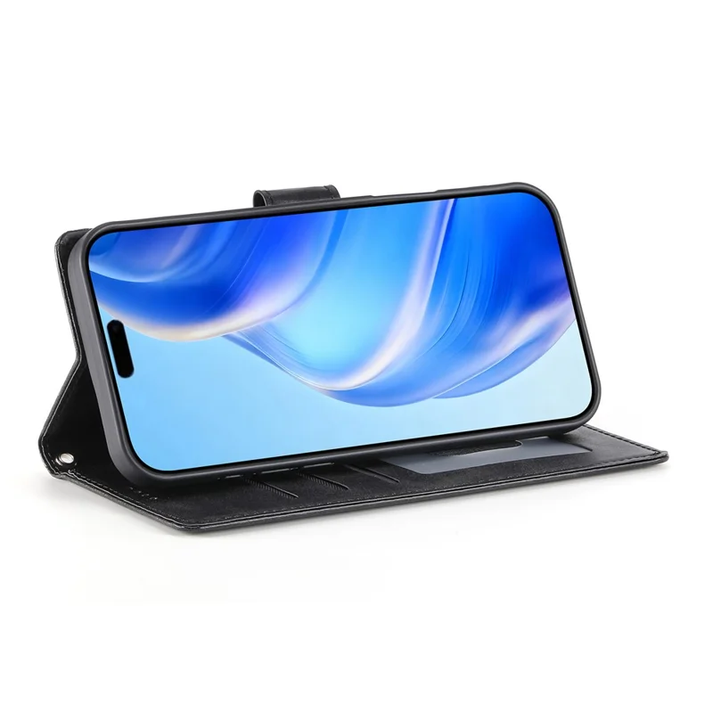 For iPhone 17e / 16e Case Stand Wallet Calf Texture PU Leather Flip Phone Cover with Wrist Strap - Black - 4