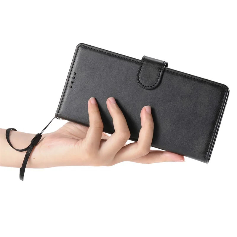 For iPhone 17e / 16e Case Stand Wallet Calf Texture PU Leather Flip Phone Cover with Wrist Strap - Black - 5