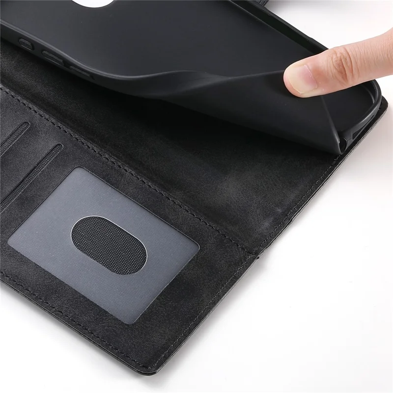 For iPhone 17e / 16e Case Stand Wallet Calf Texture PU Leather Flip Phone Cover with Wrist Strap - Black - 6