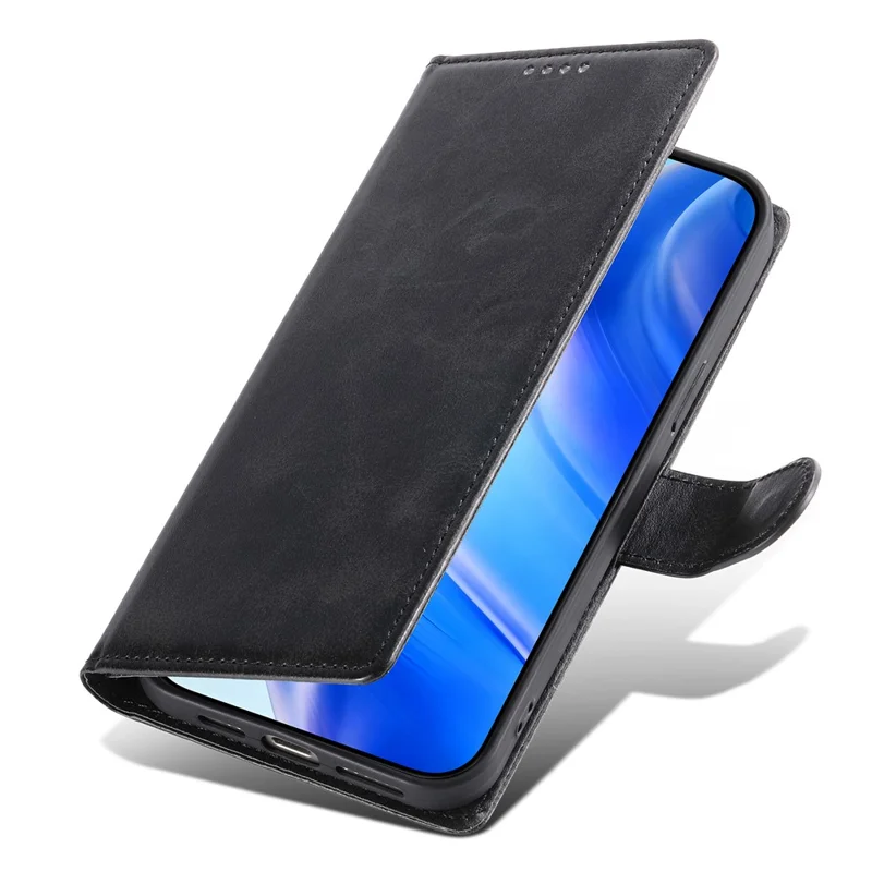 For iPhone 17e / 16e Case Stand Wallet Calf Texture PU Leather Flip Phone Cover with Wrist Strap - Black - 7