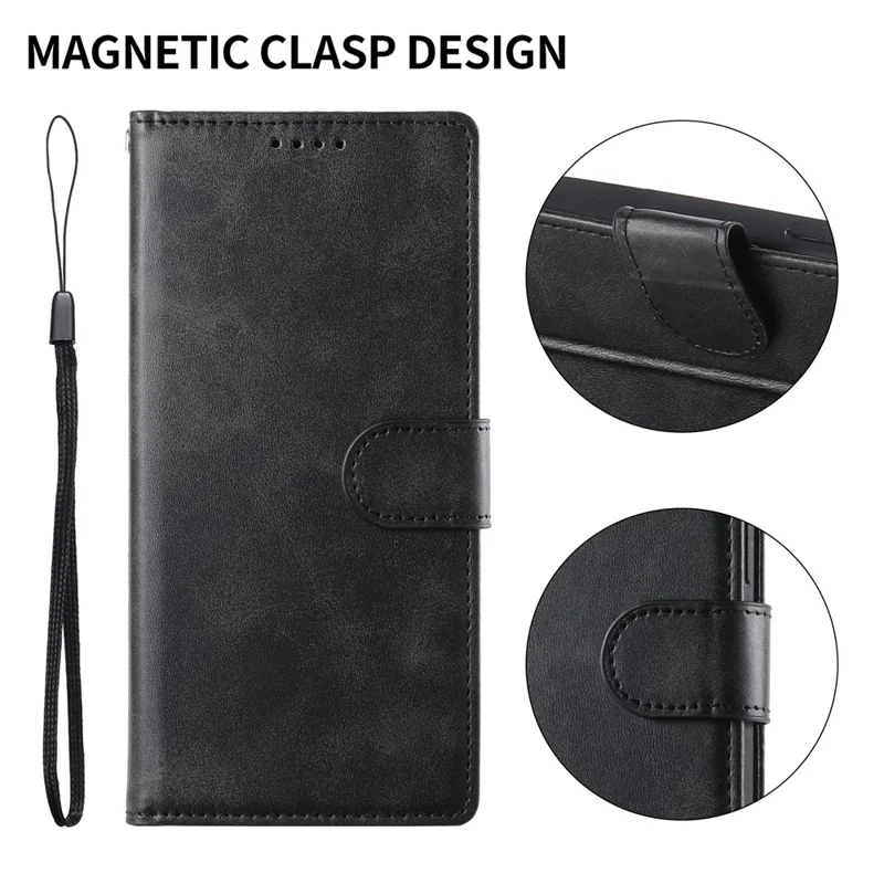 For iPhone 17e / 16e Case Stand Wallet Calf Texture PU Leather Flip Phone Cover with Wrist Strap - Black - 8