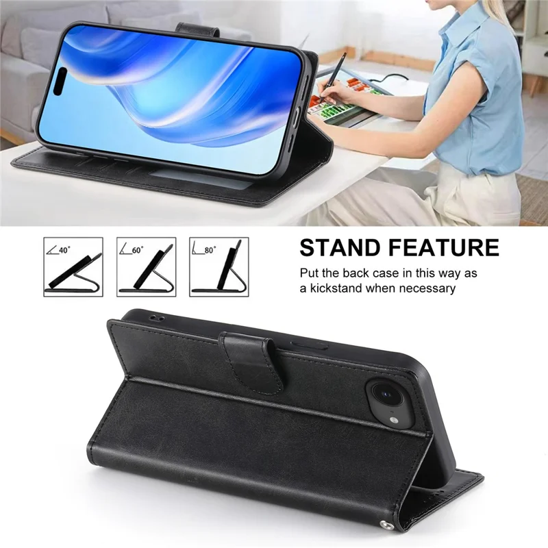 For iPhone 17e / 16e Case Stand Wallet Calf Texture PU Leather Flip Phone Cover with Wrist Strap - Black - 9