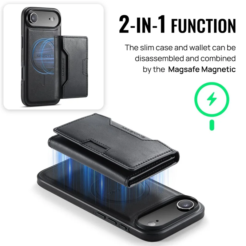 MAGKING K4 Series For iPhone Air Case Compatible with MagSafe Detachable Wallet PU TPU PC Phone Cover - Black - 5